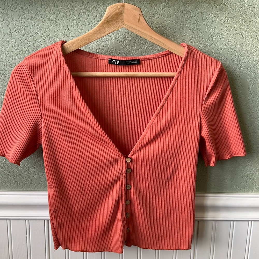 Zara Cropped Ribbed Short Sleeve Top Coral/Salmon Color